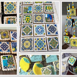 The image is a collage of various images featuring cookies decorated with lemon and blue designs, including square and round cookies, as well as cookies shaped like lemons and other decorative elements.