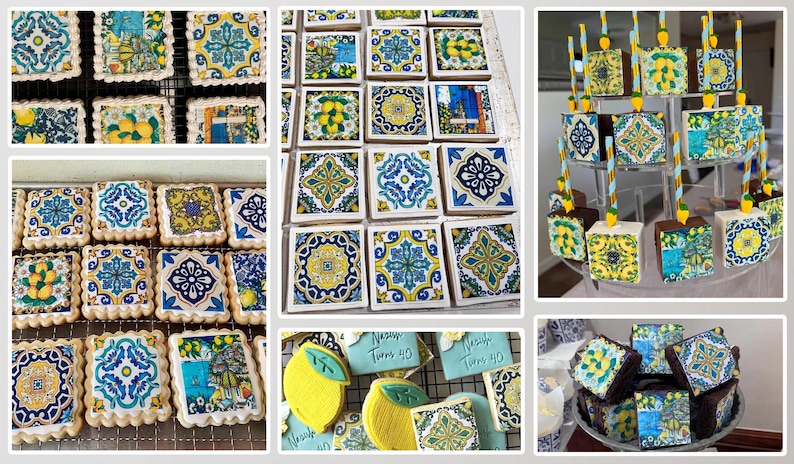 The image is a collage of various images featuring cookies decorated with lemon and blue designs, including square and round cookies, as well as cookies shaped like lemons and other decorative elements.