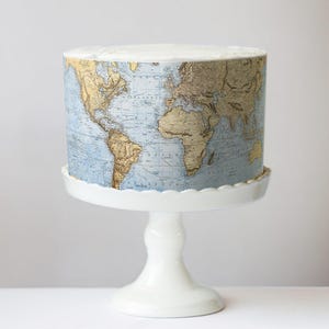 Antique World Map Design Edible Cake Wrap - Vintage Travel Theme; Frosting Sheet for Destination Weddings or Adventure Awaits Celebrations Blue Ocean