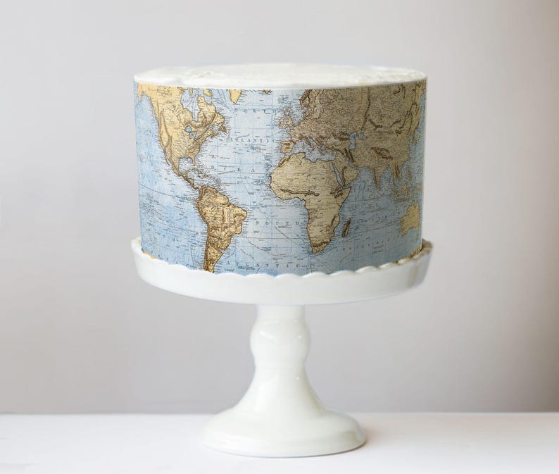 Antique World Map Design Edible Cake Wrap - Vintage Travel Theme; Frosting Sheet for Destination Weddings or Adventure Awaits Celebrations Blue Ocean