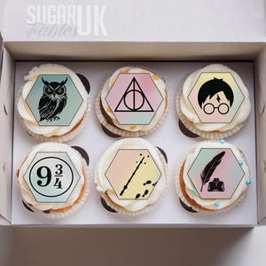 Decorazioni per cupcake con esagoni magici, immagini commestibili color pastello, biscotti e cupcake per la scuola dei maghi, compleanni, feste nuziali, diverse misure.