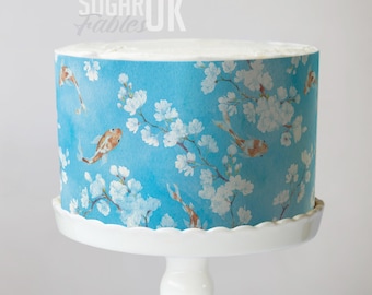 Cherry Blossoms and Koi Cake Wrap, Delicate Sakura Floral Edible Image, Zen Garden Tea Party Frosting Sheet,  Luxury Baby & Bridal Showers
