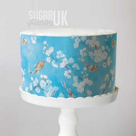 Cherry Blossoms and Koi Cake Wrap, Delicate Sakura Floral Edible Image, Zen Garden Tea Party Frosting Sheet,  Luxury Baby & Bridal Showers