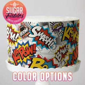 Supereroi Fumetti Torta Wrap Pop Art Immagini Commestibili Azione Parole Strisce di Torta Bam Pow Wham Festa di Compleanno Tema Eroe Cartone Animato Retro Topper