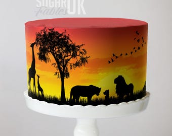 African Safari Edible Image: Vivid Sunset with Silhouettes of Lions, Giraffes, and Jungle Animals;  Savannah Party Decor, Wild One Cake wrap