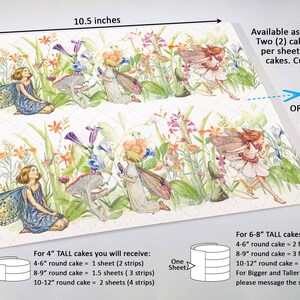 The image is a detailed illustration of a fairy garden scene, featuring various fairy characters and flowers. The image is accompanied by a scale that provides measurements for the fairy wrap strips, as well as instructions for cutting the paper into strips to create the garden design.