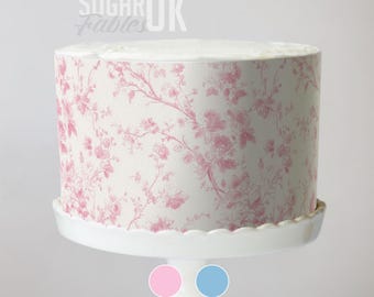 Climbing Rose Cake Wrap French Toile Pink Floral Edible Image Dusty Blue Shabby Chic Frosting Sheet Romantic Cottagecore Garden Wedding