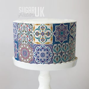 Envoltura de pastel con patrón de azulejos turcos, motivo de mosaico de hamam, imagen comestible, marroquí, otomano, persa, mediterráneo, bohemio, decoración de postres para fiestas