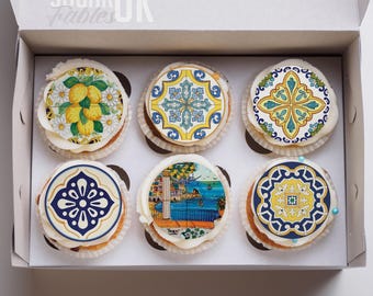 Mediterrane Cookie Toppers Italienische Fliesen Essbare Bilder Positano Zitronenblau Cupcake Amalfi Cupcakes Küsten Hochzeitsgeschenke