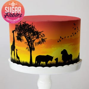 Envoltório de bolo de safári africano, silhueta de leão, imagem comestível, decorações para festa do rei da selva, tiras de bolo de safári ao pôr do sol, aniversário com tema de leão