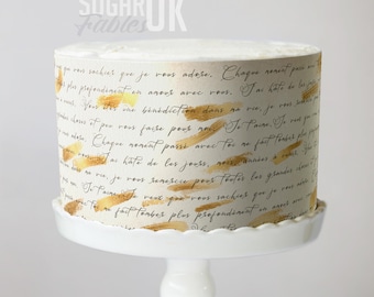French Love Letter Cake Wrap Romantic Script Edible Image Elegant Parisian Handwriting Vintage Wedding Anniversary Dessert Decoration