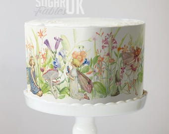 Decorazione per torta con fatine dei fiori, immagine commestibile, giardino delle fate, dipinto a mano, floreale, vintage, botanico, foresta incantata, compleanno