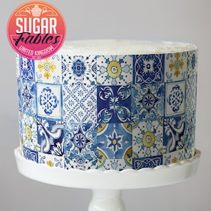 Piastrelle blu italiane, involucri per torte, immagini commestibili mediterranee, strisce decorative per torte italiane blu e gialle, matrimoni, compleanni e baby shower