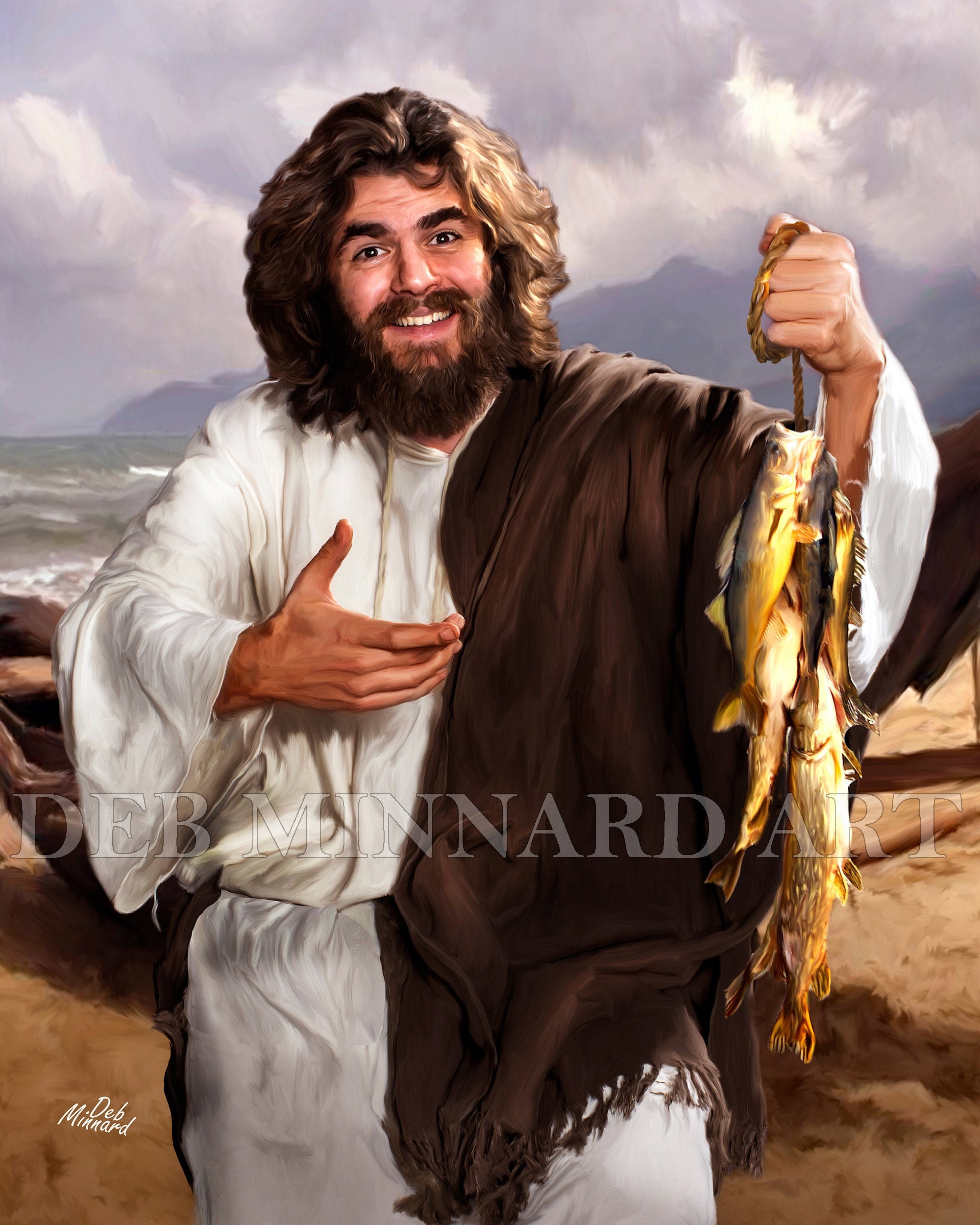 Jesus Art, fish for Dinner A Digital Painting of Jesus After Fishing, Happy About His Catch by