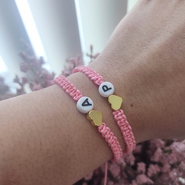 Best friend bracelet for 2, love bracelet with heart, friendship bracelet string, mom and me bracelet set, initial pink bracelet for her