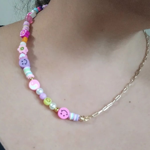 Collier en argile perle tendance, chaîne demi-chaîne moitié polymère choker en argile, collier de perles fimo rose, y2k smiley face fleur plaque or chaîne perlée perlée