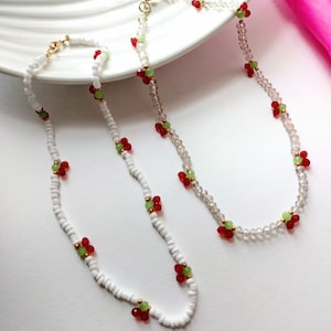 Crystal seed bead cherry necklace, trendy seed bead cherry choker, y2k cherry jewelry harry style inspired, cherry necklace with seed bead