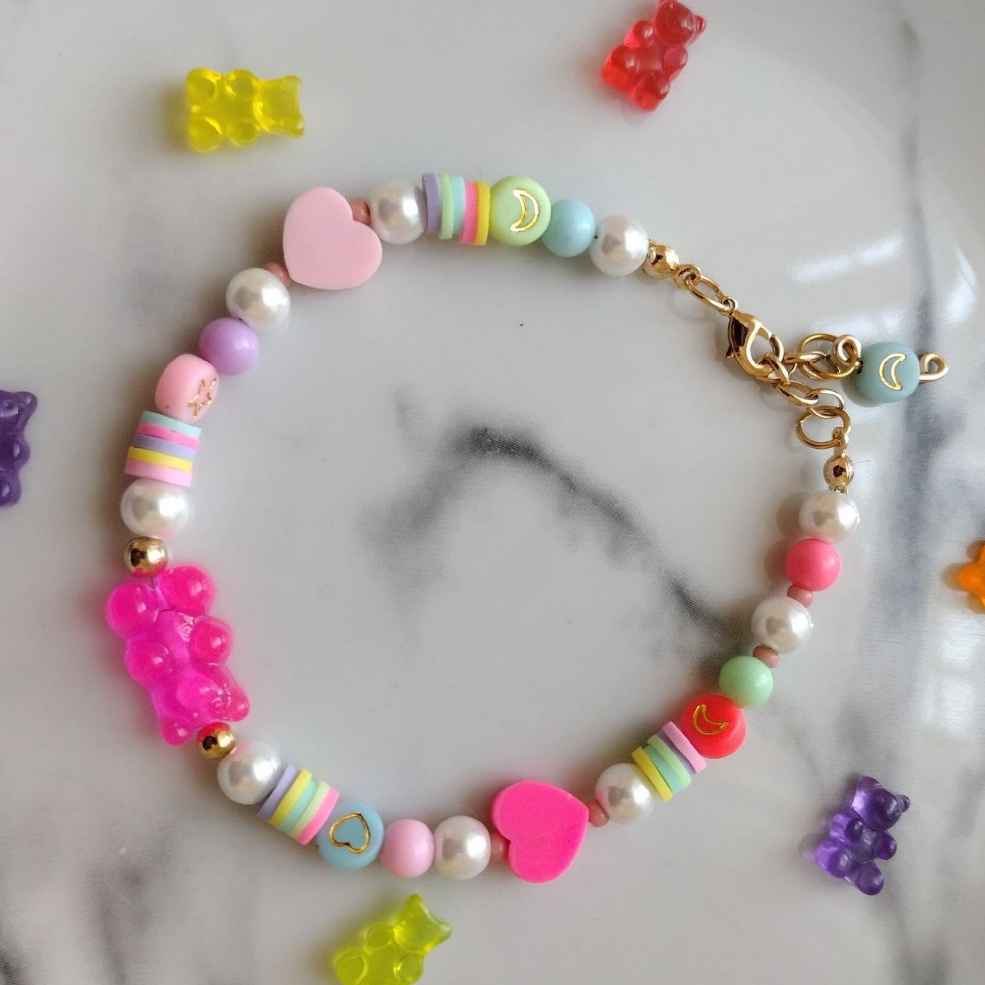 Gummy Bear Candy Bracelets with Cute Acrylic Hearts and Candy Coloured Beads, Freshwater Pearls and opalite. Kawaii Jewellery.