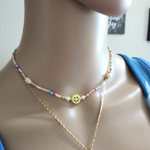 Pastel rainbow smile face necklace, smile face choker necklace, emoji colored necklace with freshwater pearl, multicolored seed bead choker