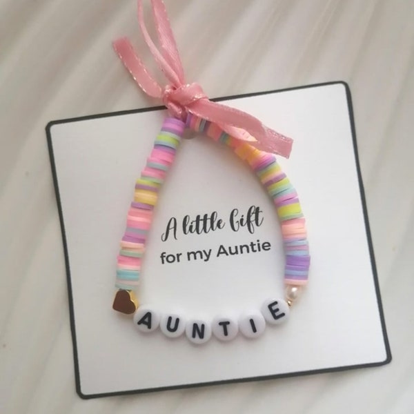 Personalized bracelet for auntie, name heishi bracelet , auntie bracelet , name stretch bracelet, gift bracelet for auntie, I love you aunt