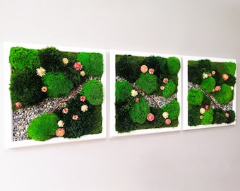 Handmade Custom Moss Wall Art Set Of 3 With Flowers, Personalized Moss Wall Art Gift, Customizable Unique Housewarming Gift Natural Moss Art