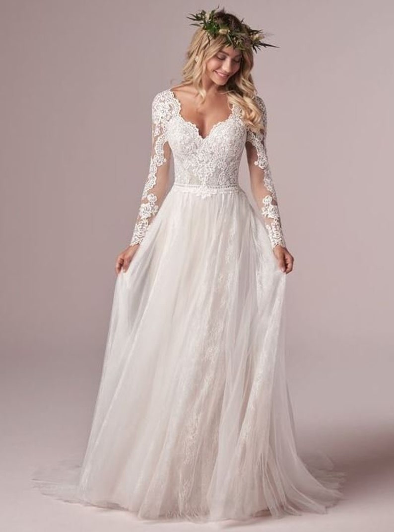 A Line Long Sleeve Bridal Dresses Wedding Dress 2021 Tulle Etsy