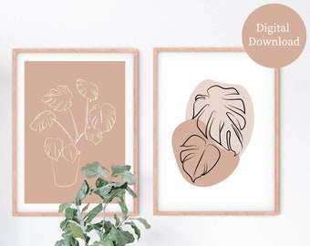 Monstera Minimalist Line Art Print - Floral Plant Poster Set - Boho Wall Decor - Bedroom Wall Art