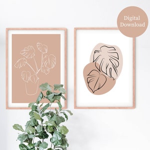 Monstera Minimalist Line Art Print - Floral Plant Poster Set - Boho Wall Decor - Bedroom Wall Art