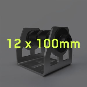 May include: A black metal roller with a 12 x 100 mm size. The roller is mounted on a metal frame with a base.
