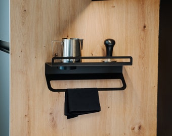 Barista wall shelf for towels, milk jugs and coffee accessories from FLATE®