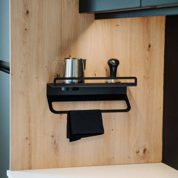 Barista wall shelf for towels, milk jugs and coffee accessories from FLATE®