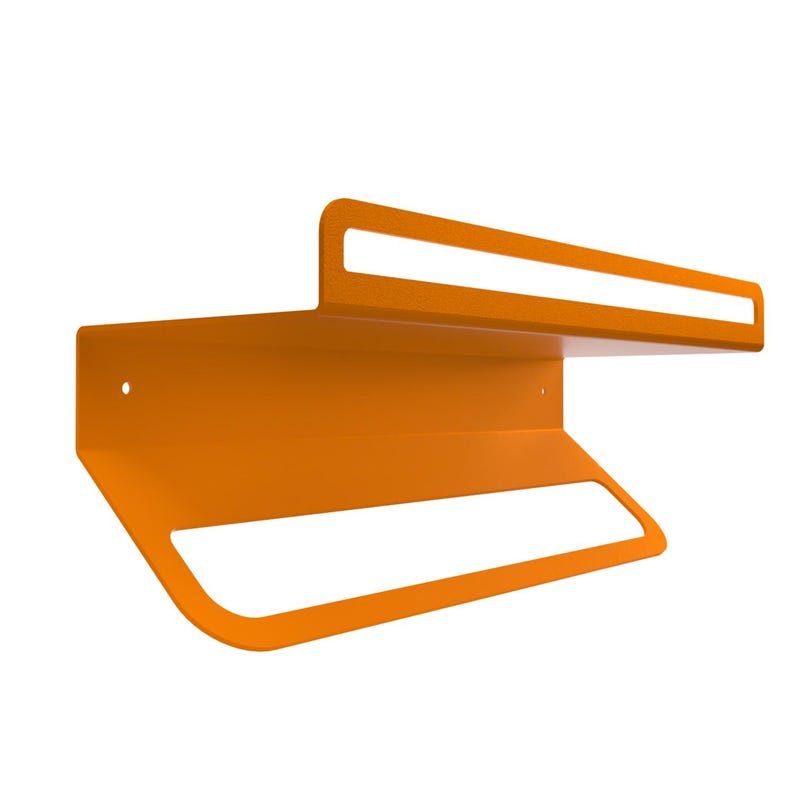 May include: Orange metal wall shelf with a towel bar. The shelf has a simple, modern design.