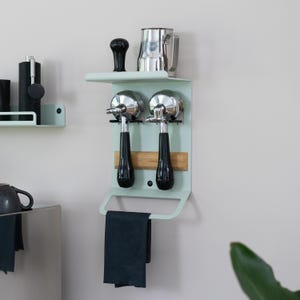 Compact barista shelf for portafilter, tamper and coffee accessories
