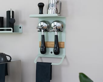 Compact barista shelf for portafilter, tamper and coffee accessories