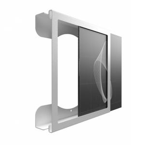 Pode incluir: Um ecr&atilde; de parede prateado com um ecr&atilde; preto. O ecr&atilde; apresenta um design branco, abstrato e ondulado. O ecr&atilde; est&aacute; envolto numa moldura retangular com um design curvo e aberto.