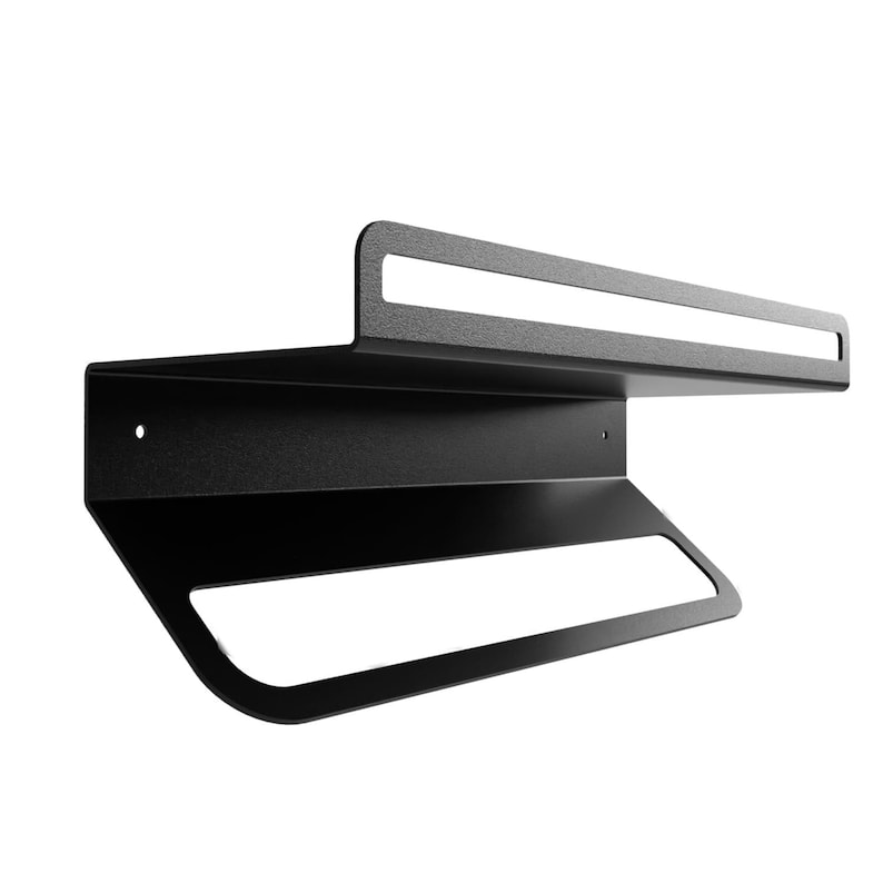 May include: Black metal wall-mounted shelf with a towel bar and a small shelf on top.