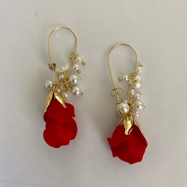 Red rose petal earrings