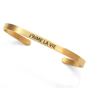 J'AIME LA VIE / "I love life " - Gold - Dainty cuff stainless steel gold plated  - Positive quote in French