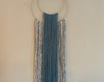 Teal and Grey Yarn wall hanging, double gold-toned hoop with light beige suede hanging tie