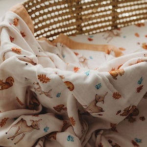 Oh Deer Muslin Blanket | Woodland Blanket | Baby Blanket | Organic Cotton | Handpainted Design | Unique | Baby Gift | Newborn Baby | Baby