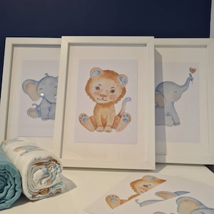 Safari Nursery Wall Prints | Set of 3 | Lion Cub & Elephant | Child Bedroom | Nursery Decor | Babies Room | Animal Theme | Watercolour
