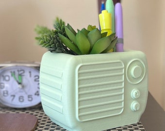 Retro Radio Succulent Planter: Teal Mint Desk Organizer
