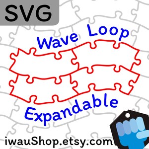 Könnte beinhalten: SVG-Datei für ein rotes und blaues Puzzle-Teile-Design mit den Worten "Wave Loop Expandable" in blauem Text. Das Design ist auf einem weißen Hintergrund mit einem grauen Puzzle-Teile-Muster.