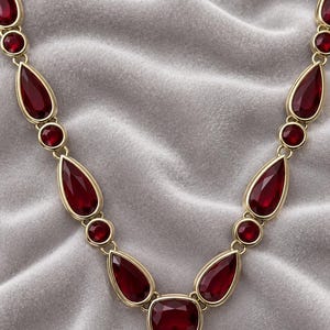 May include: A gold-toned necklace featuring a series of deep red, faceted gemstones. The design alternates between teardrop-shaped stones and smaller circular stones, culminating in a central rectangular stone with rounded corners.