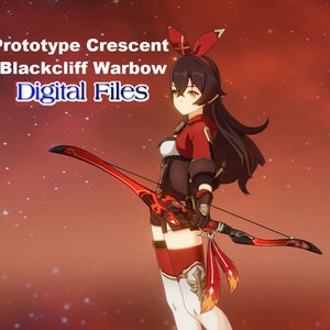 Puede incluir: Un personaje femenino de un videojuego sosteniendo un arco y una flecha rojos y negros. El personaje lleva un atuendo rojo y negro con una camisa blanca debajo. El fondo es un cielo estrellado rojo y negro. El texto "Prototype Crescent Blackcliff Warbow Digital Files" se muestra en la imagen.