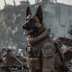 Puede incluir: Un perro pastor belga malinois marrón y canela que lleva equipo táctico, incluyendo un chaleco con bolsillos y un parche. El perro está en un entorno devastado por la guerra con una estructura alta en el fondo.