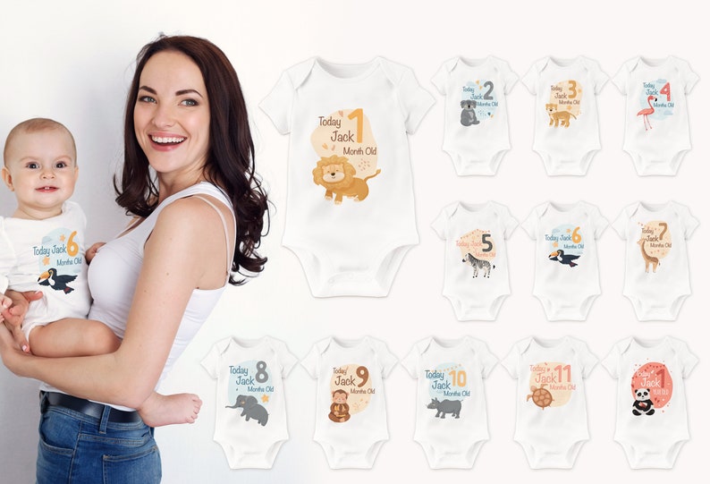Baby Monthly Milestone Personalized Onesies, personlised baby bodysuit, baby vest image 1
