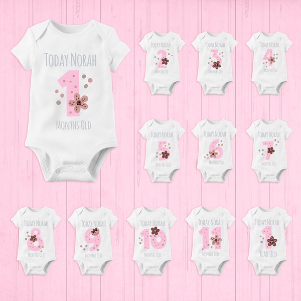 Pink number Baby Bodysuit,  Monthly Milestone Personalized Onesies, personalized baby bodysuit, Name baby grow