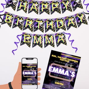 Puede incluir: Un paquete de cumpleaños totalmente personalizable con una pancarta que dice "HAPPY BIRTHDAY EMMA", invitaciones, adornos para cupcakes y cupcakes. La invitación incluye el texto "EMMA'S 10TH BIRTHDAY" y los detalles del evento.