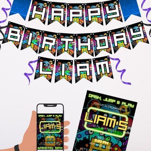 Puede incluir: Un paquete de fiesta de cumpleaños con una pancarta que dice "Feliz Cumpleaños", un teléfono que muestra una invitación de cumpleaños y cupcakes. La invitación y la pancarta tienen un diseño geométrico colorido. El paquete es totalmente personalizable.